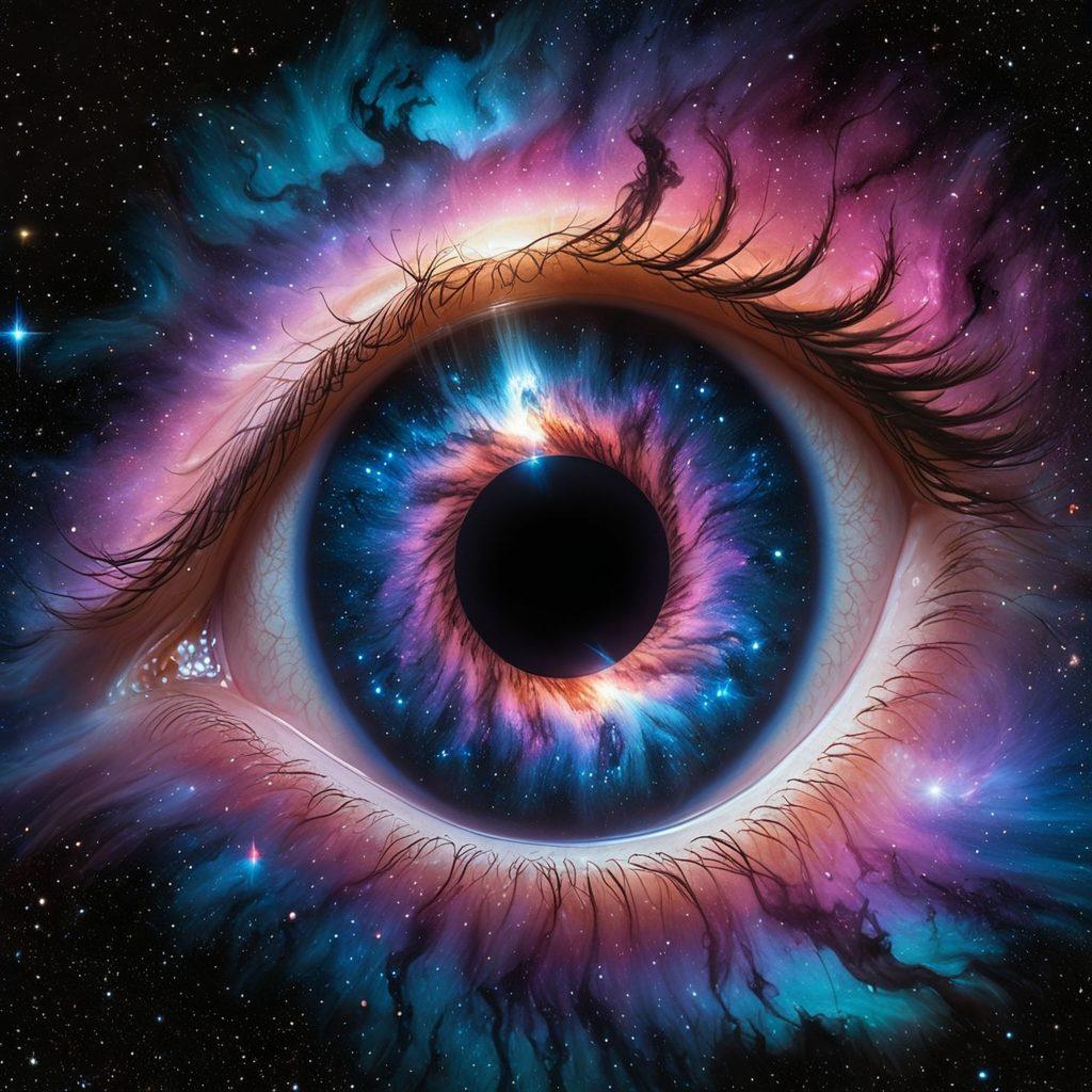 A stunning view of the Helix Nebula, showcasing vibrant cosmic clouds in shades of blue, pink, and purple, with stars sparkling in the background. Include a silhouette of a telescope in the foreground, symbolizing exploration and discovery of the universe. The scene should invoke a sense of wonder and mystery, inviting viewers into the depths of space. super-realistic. vibrant colors. dark background.