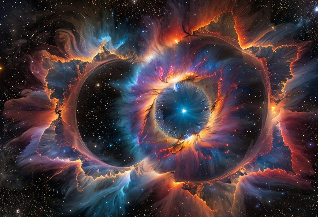 A mesmerizing view of the Helix Nebula, showcasing vivid cosmic clouds swirling in rich blues, purples, and fiery reds. Stellar formations glimmer in the depths of space, with intricate details of gas and dust contrasting against a starlit background. Include a sense of movement, as if the nebula is alive, inviting viewers to embark on a cosmic journey. super-realistic. vibrant colors. dark, starry background.